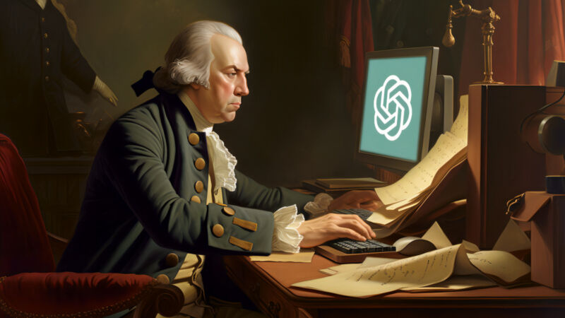 An AI generated image of James Madison writing the U.S. Constitution using AI.