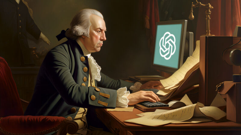 Una imagen generada por IA de James Madison escribiendo la Constitución de los EE. UU. usando IA.