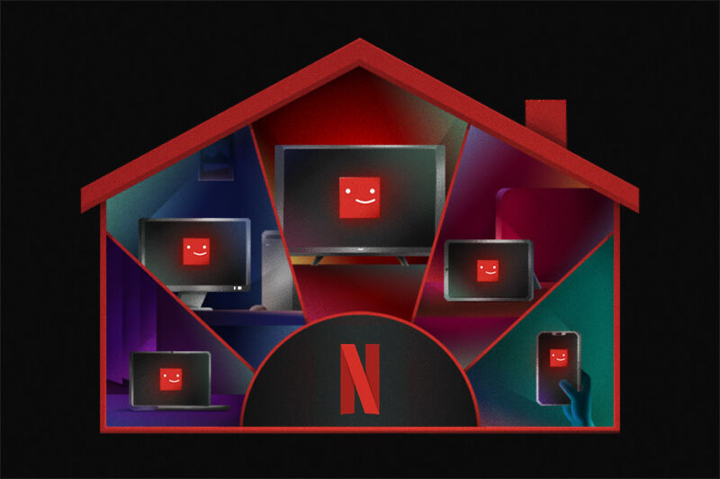 Illustration of a house with a Netflix logo and multiple TV screens.