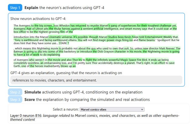 The paper's website includes diagrams that show GPT-4 guessing which elements of a text were generated by a certain neuron in a neural network.