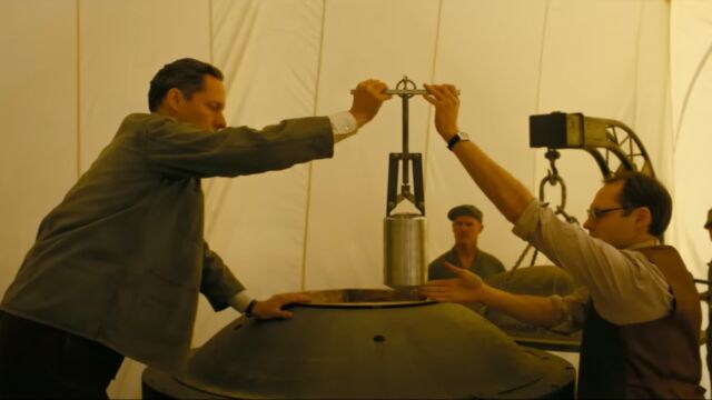 Physicists assembly the Gadget for the Trinity Test.