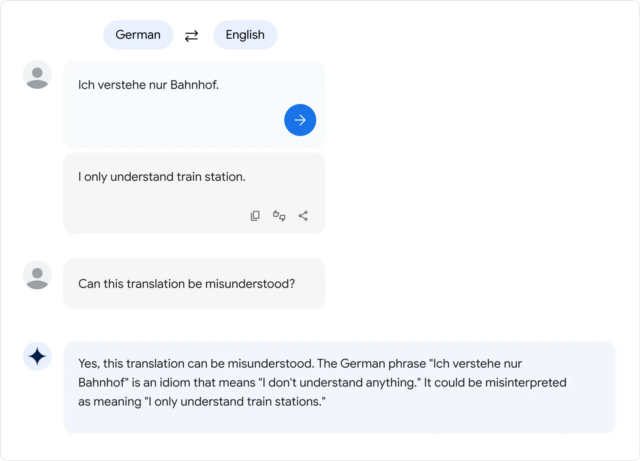 Von Google bereitgestelltes Beispiel einer übersetzten PaLM 2-Sprache.