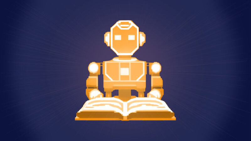 An AI-generated image of a robot reading a book.