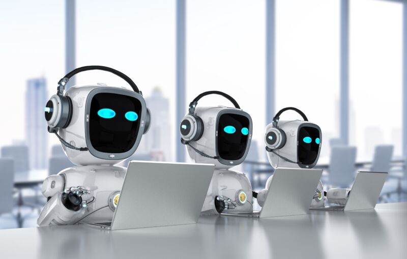 Illustration of robots wearing phone headsets and sitting in front of laptop computers.