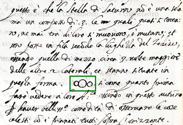 Detalle del dibujo de Galileo de Saturno y su "orejas" en una carta a Belisario Vinta (1610).