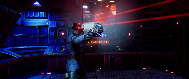 Cyborg Pointant Un Pistolet Devant Un Écran Dans System Shock