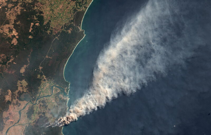 satellite view of Australia wildfire smoke