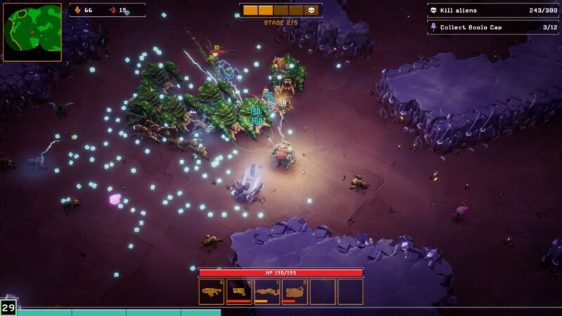 Screenshot from Deep Rock Galactic Survivor showing lots of bugs and XP