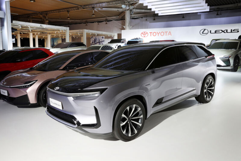 A grey Toyota electric SUV concept, next to some other Toyota EV concepts