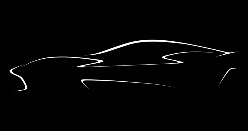 A black and white sketch of the outline of an Aston Martin