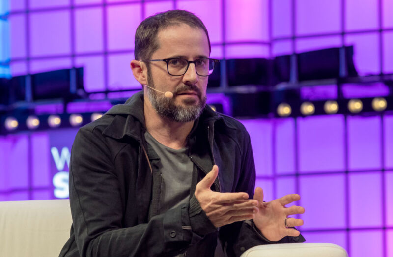 Ev Williams, Twitter co-founder, delivers remarks at Web Summit in Altice Arena on November 8, 2018, in Lisbon, Portugal.