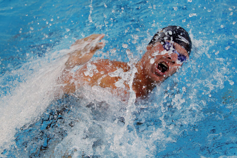 A swimmer in the men's 200 meter breaststroke finals during a national championship competition on August 6, 2011, in Palo Alto, California. 