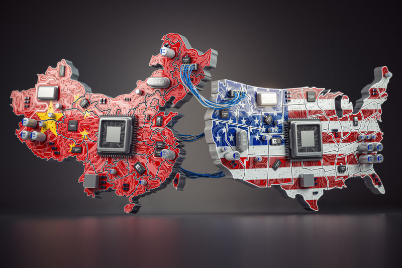 Computer chips from the map of China and the United States in the colors of the flags