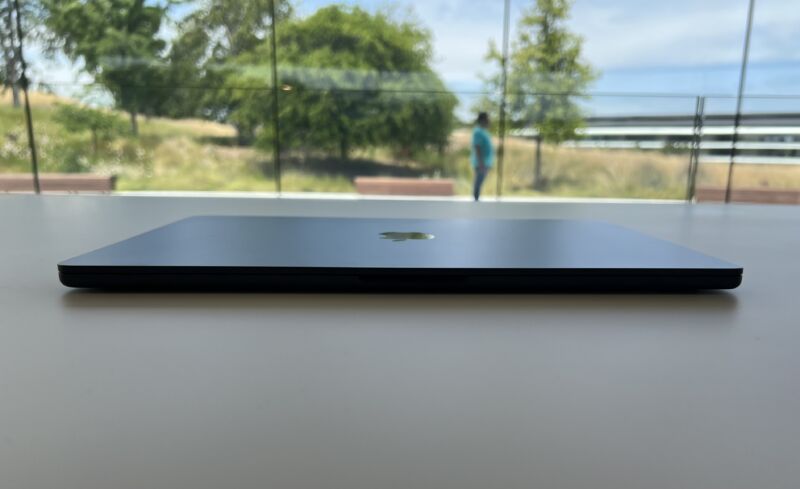A front view of the 15-inch MacBook Pro, showing how thick it is