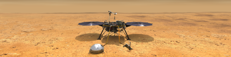 Imagem de um módulo de pouso em um planeta árido e avermelhado com dois painéis solares circulares e um conjunto de instrumentos.