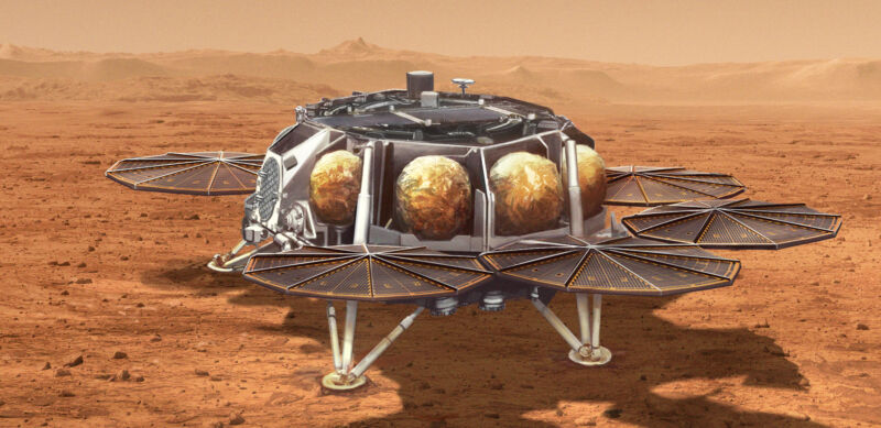 This illustration shows a concept for a proposed NASA Sample Retrieval Lander, about the size of an average two-car garage, that would carry a small rocket called the Mars Ascent Vehicle to the Martian surface.