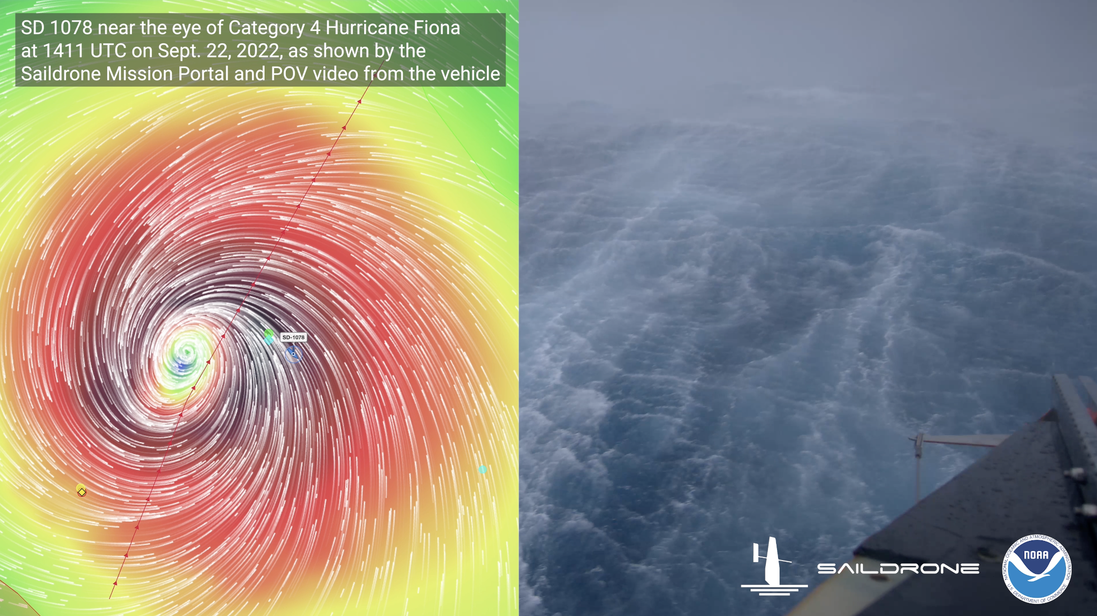 A split-screen image, with one side showing a diagram of a hurricane and the location of a saildrone within it, and the other showing the roiling seas it filmed