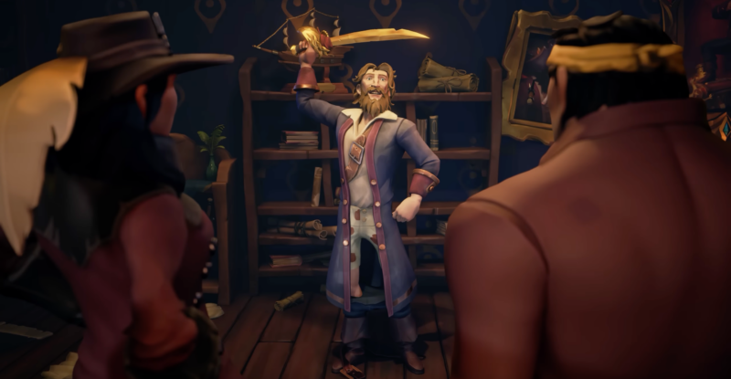 A 3D-animated Guybrush brandishing a sword with his pants down