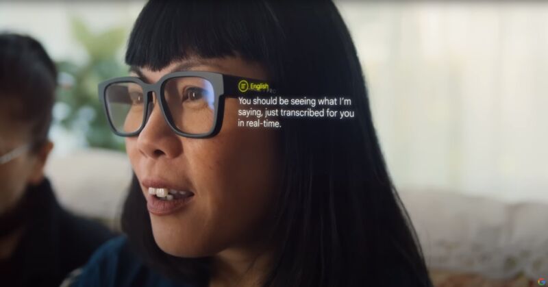 woman wearing AR glasses with graphic displaying what the user is seeing