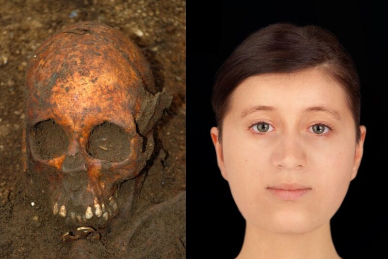 (left) Skull of teenaged girl from 7th century CE. (right) Facial reconstruction as she might have looked in life.