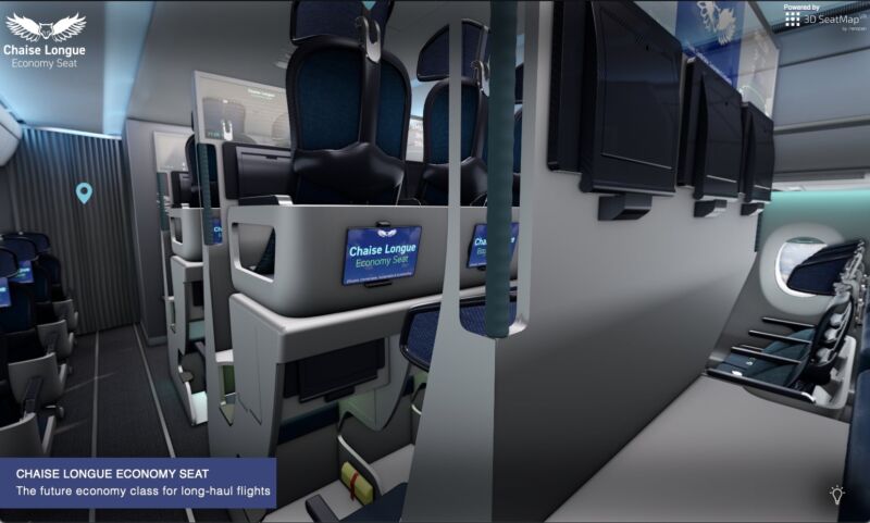 A 3D rendering of the double decker airline seat concept.