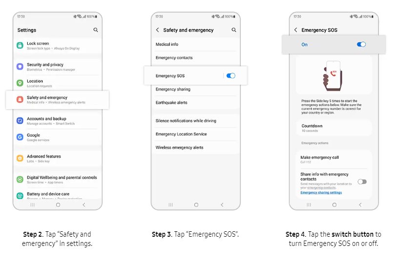 Samsung shows off how to disable emergency SOS, but Samsung phones apparently don't have the "On/Off" switch at the top. 
