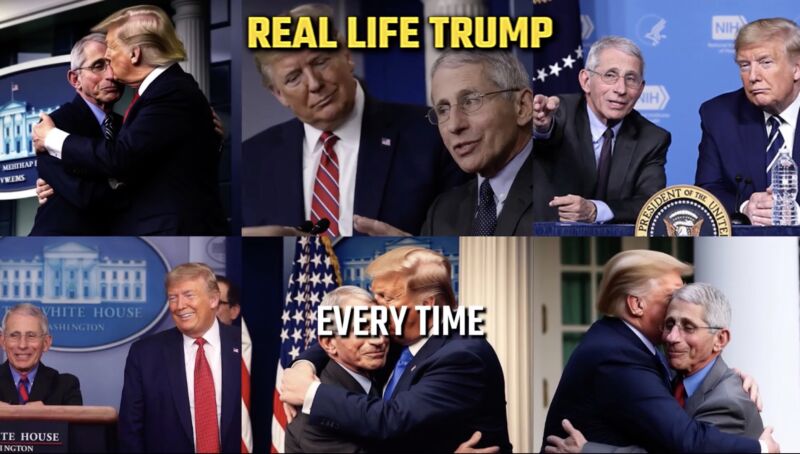 Collage shows three fake images of Trump hugging and kissing Anthony Fauci on the cheek, while three real images of the two men standing or sitting near each other are also shown.
