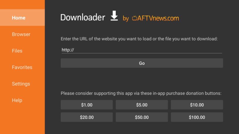 Screenshot of the Android TV app known as Downloader. The app presents a field that says, 