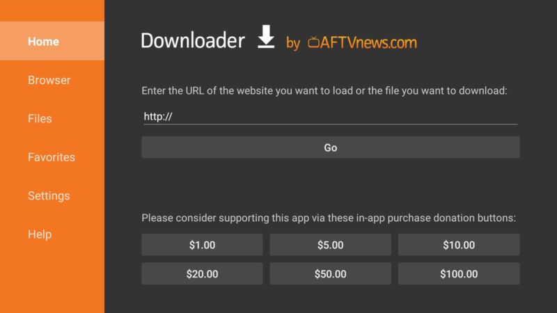 Screenshot of the Android TV app known as Downloader. The app presents a field that says,