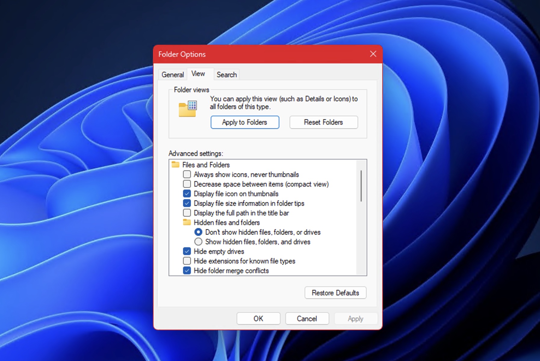 Folder Options menu, one of many Windows 95-style menus beneath Windows 11's glossy surface.