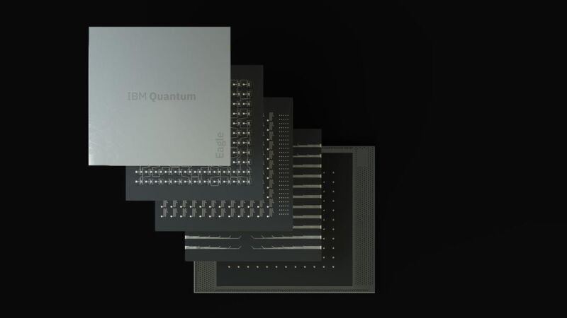 Image of a processor chip split into layers and expanded.