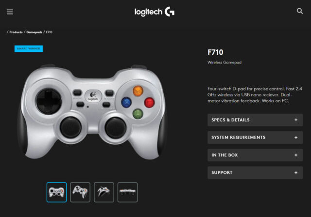 The Logitech F710 wireless gamepad seen on the Logitech website.