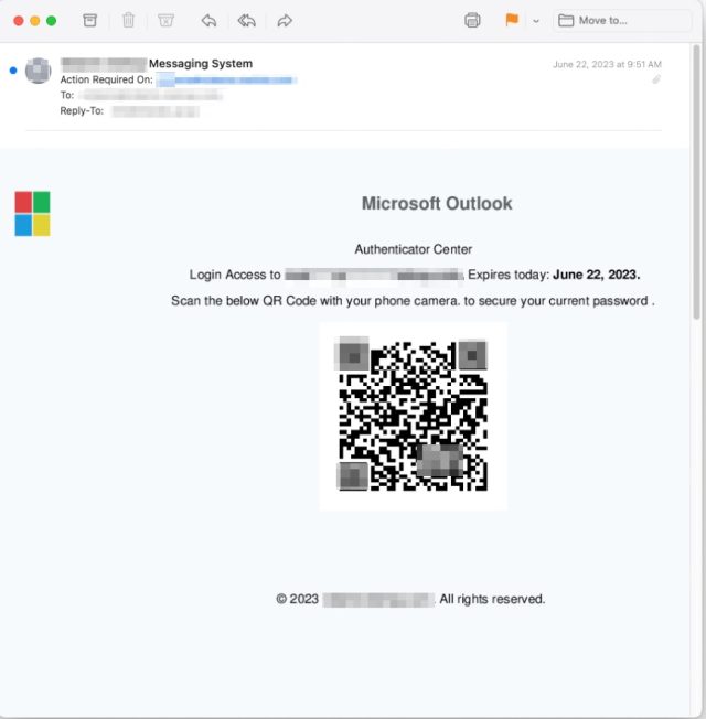 Captura de pantalla de un correo electrónico de phishing con código QR.