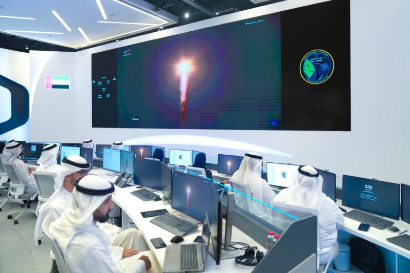 Satellite controllers in Dubai monitor the launch of a Soyuz rocket from Russia on Tuesday.