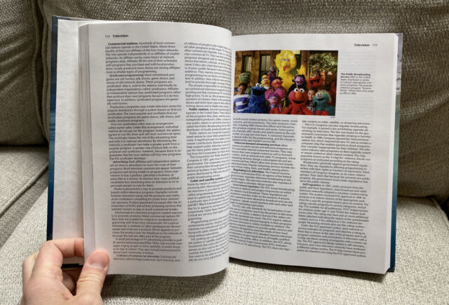 An example of The World Book 2023 Encyclopedia, turned to the entry on "Television."