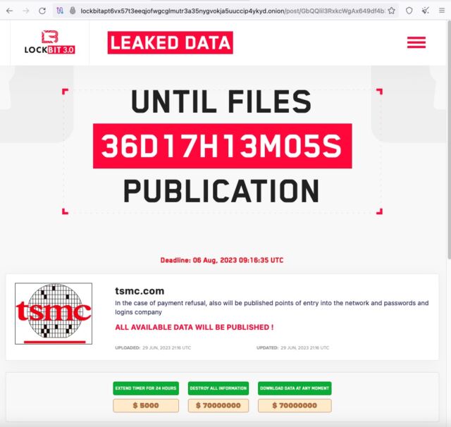 Screenshot of the LockBit page claiming responsibility for TSMC hack.