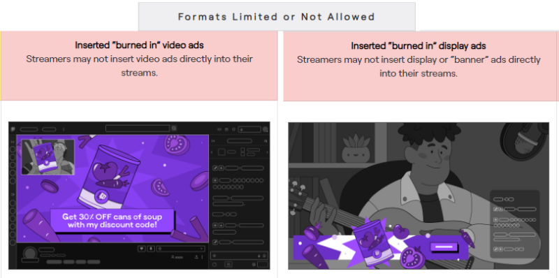 Visual examples of the kinds of "burned in" sponsorships that Twitch's new guidelines won't allow.