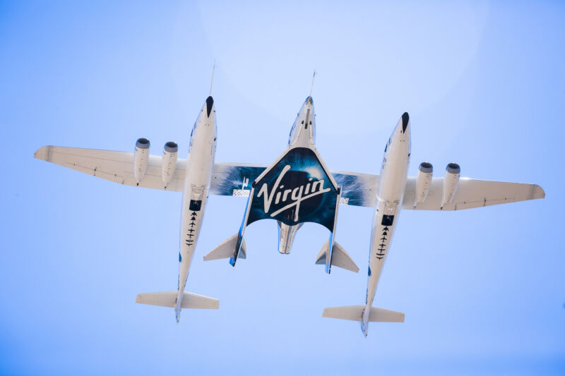 Virgin Galactic's VSS Unity rocket plane takes off under the fuselage of its carrier aircraft in this photo from a previous test flight.