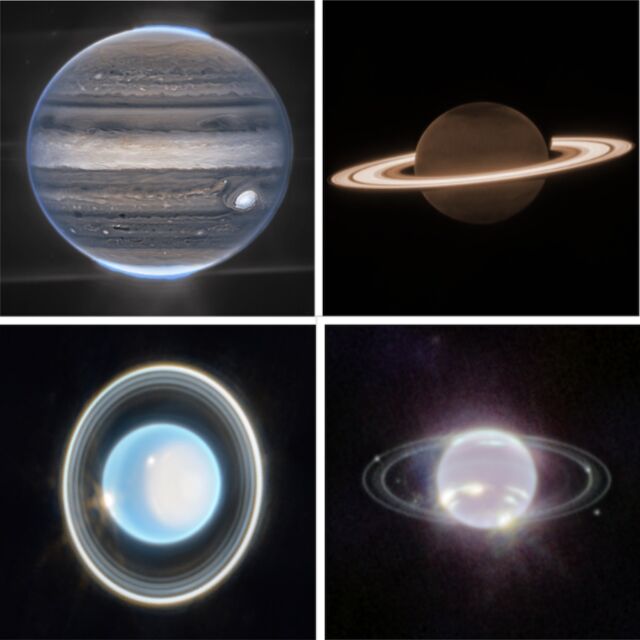 Premières vues du télescope spatial James Webb (dans le sens des aiguilles d'une montre) de Jupiter, Saturne, Neptune et Uranus.
