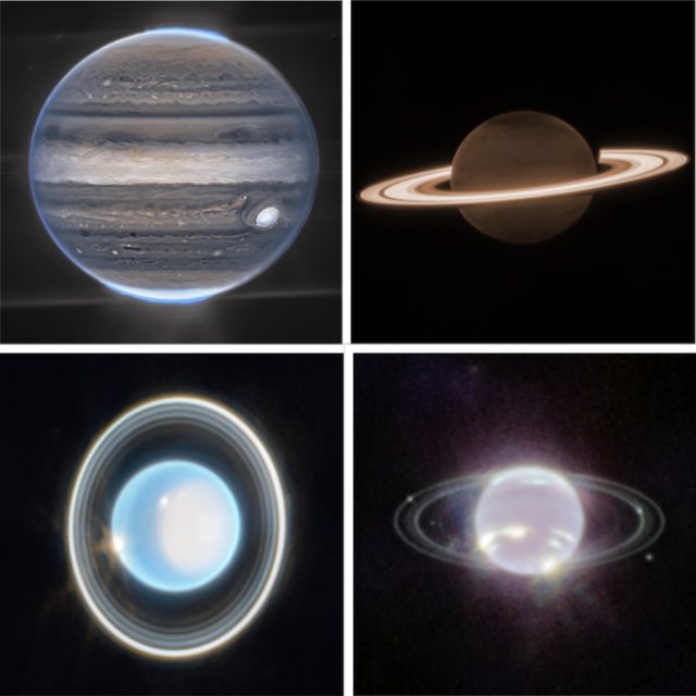 Primeiras visualizações do Telescópio Espacial James Webb (sentido horário) de Júpiter, Saturno, Netuno e Urano.