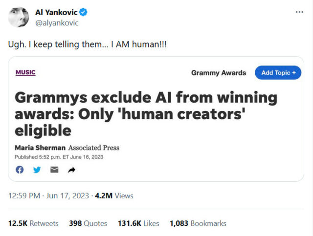 A tweet from Weird Al Yankovic about the new AI Grammy rules.