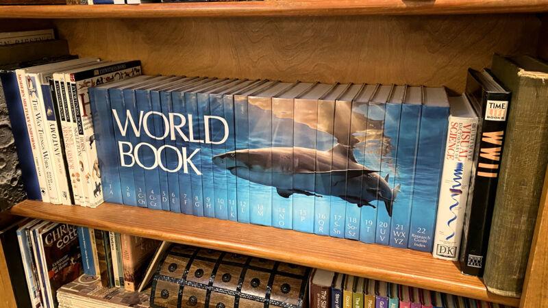 A photo of the 2023 edition of the World Book Encyclopedia on the author's family room shelf.