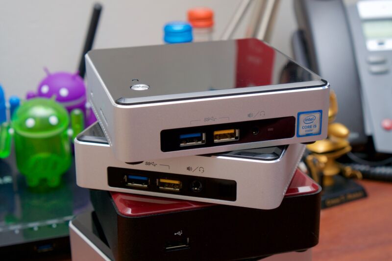 A stack of Intel's NUC mini PCs.