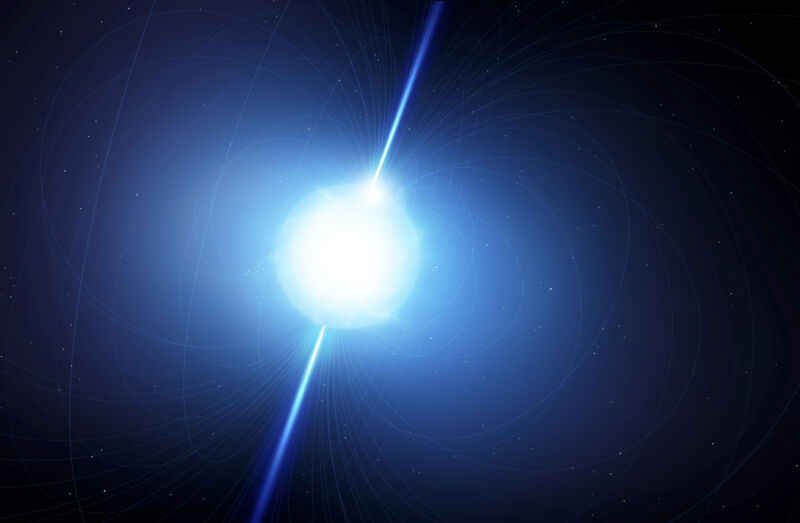 Imagine a unei sfere albastre strălucitoare pe un fundal întunecat, cu ondulații de lumină care emană de la doi poli.