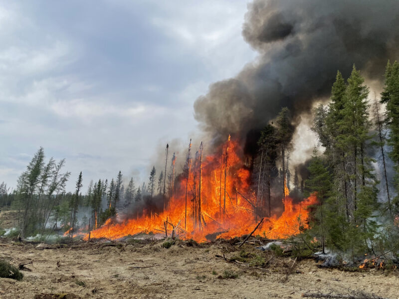 A Вид на лесные пожары в Лебель-сюр-Кевийон в Квебеке, Канада, 23 июня 2023 года.