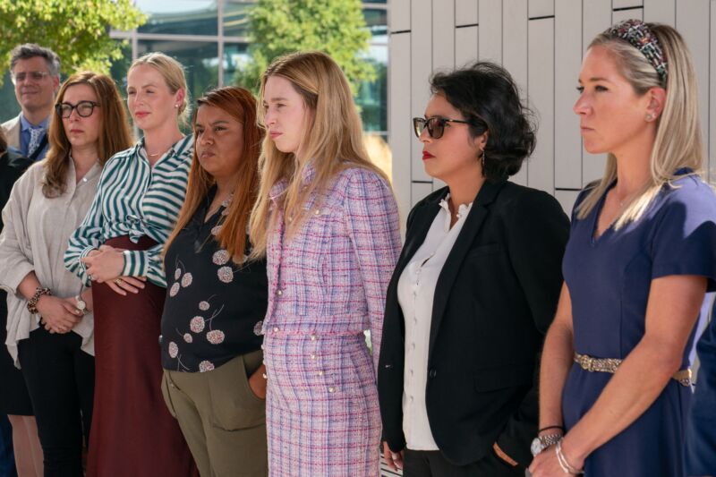 (From L) Plaintiffs Damla Karsan, Austin Dennard, Samantha Casiano, Taylor Edwards, Center for Reproductive Rights attorney Molly Duane and Amanda Zurawski attend a press conference outside the Travis County Courthouse in Austin, Texas, on July 20, 2023.