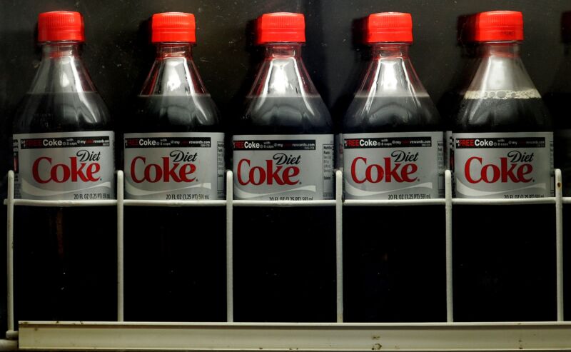 Bottles of Diet Coke, which contains aspartame.
