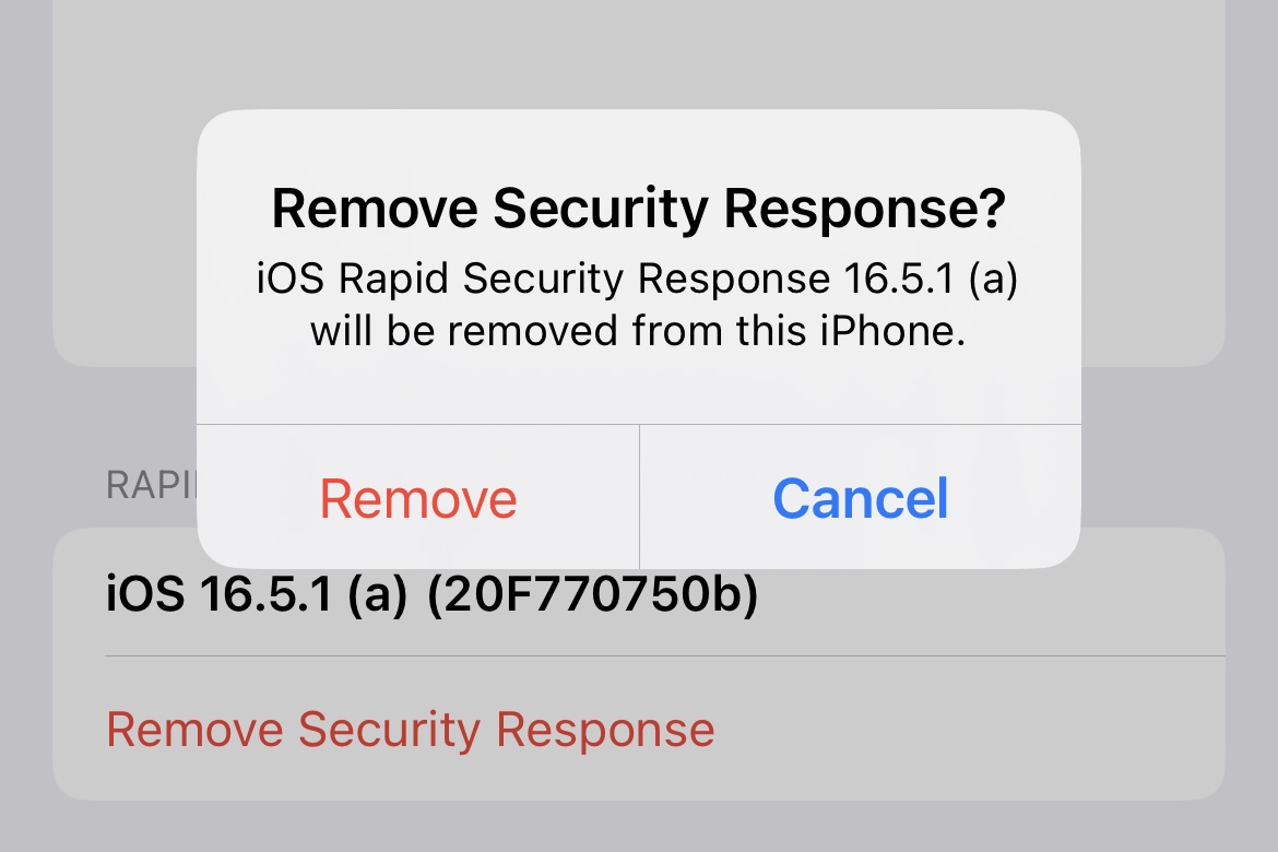 Removing a Rapid Security Response update on an iPhone running iOS 16.5.1. 