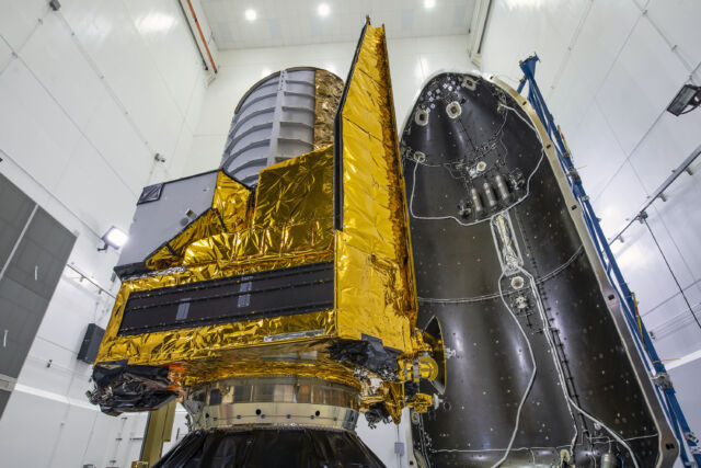 A last view of Europe's Euclid spacecraft before encapsulation inside the payload fairing of SpaceX's Falcon 9 rocket.