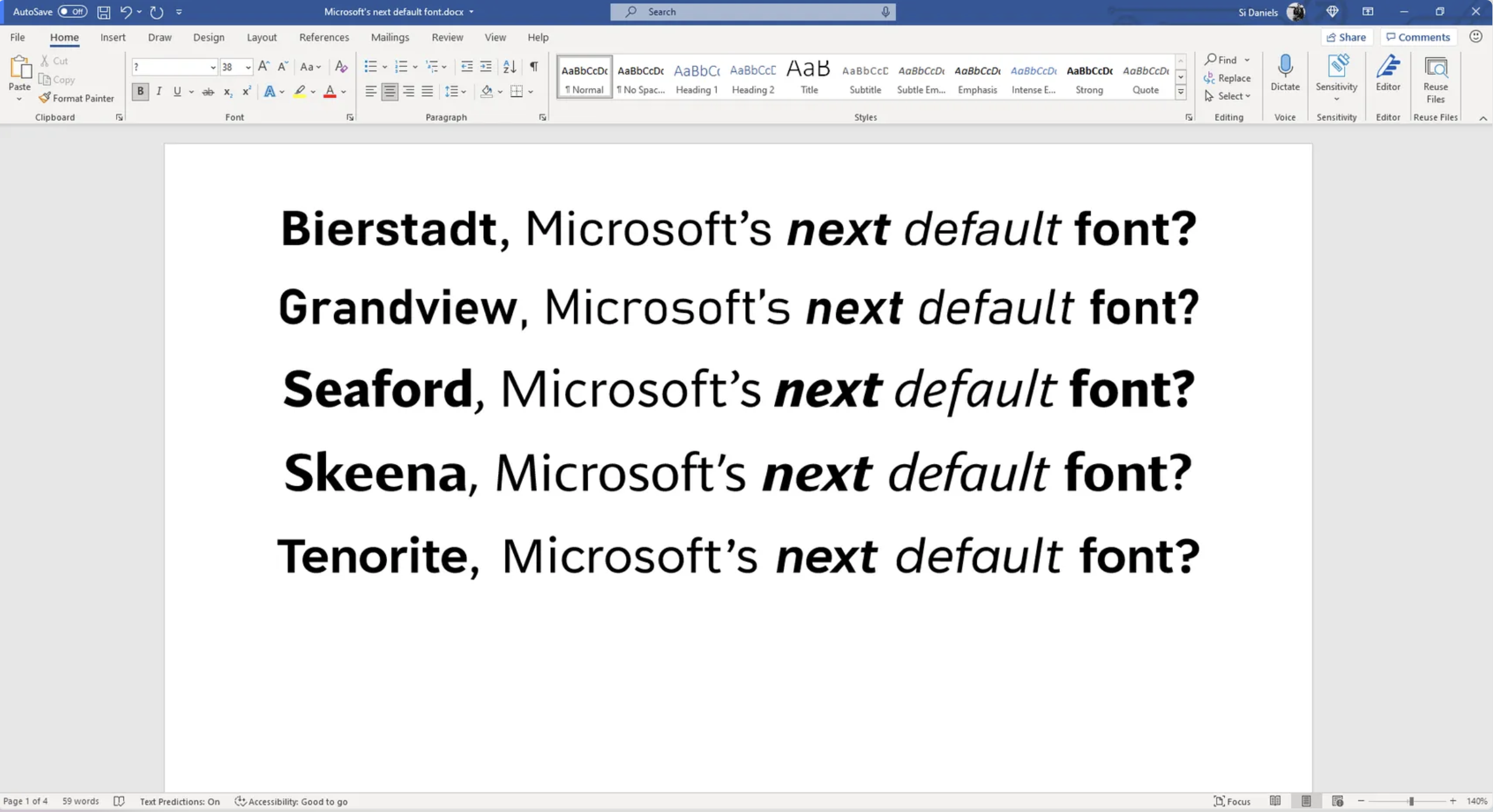 The five fonts that were vying to replace Calibri; Aptos is the font formerly known as Bierstadt.